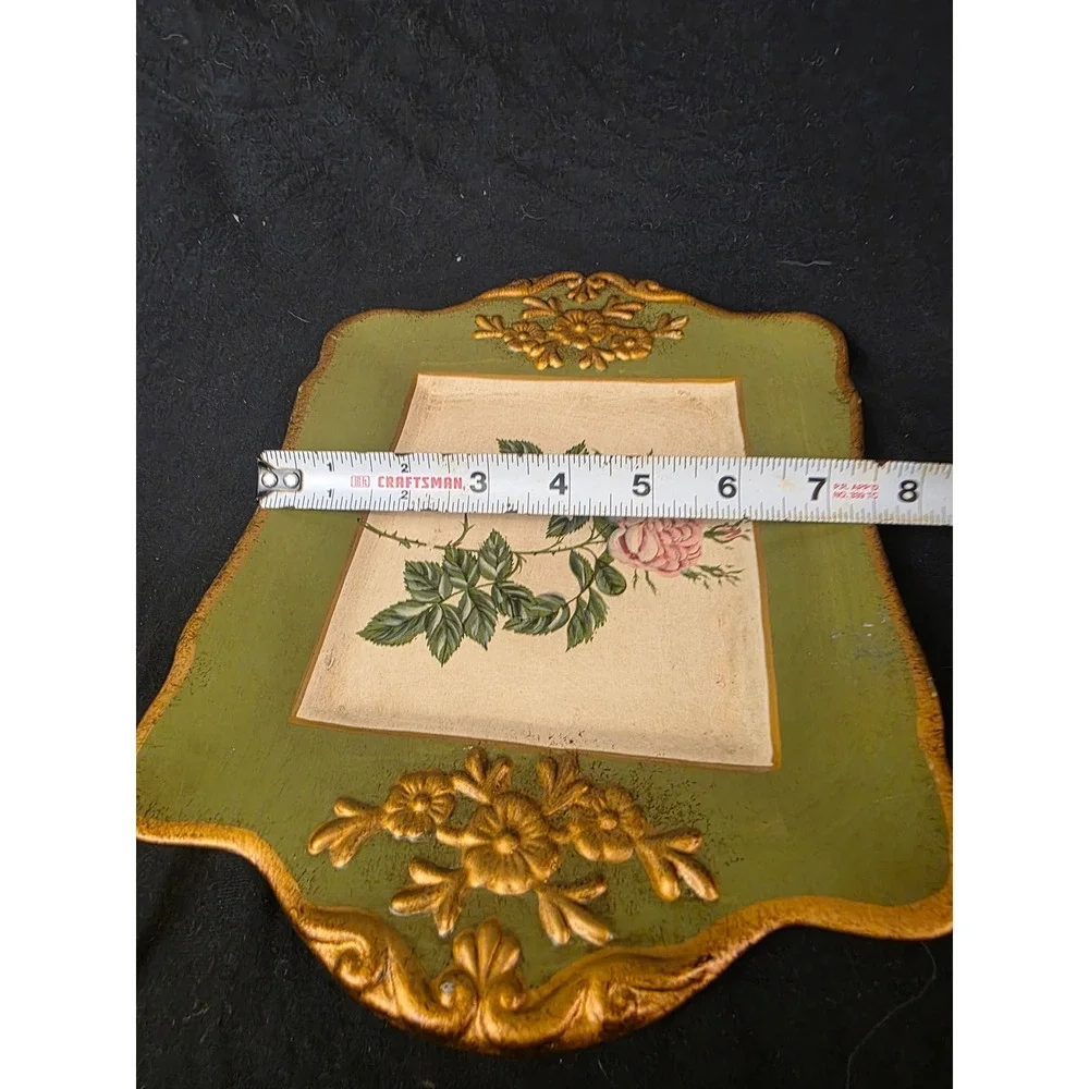 Vintage Style Pink Rose Decorative Tray Sage Green Gold Floral Scalloped Edge
